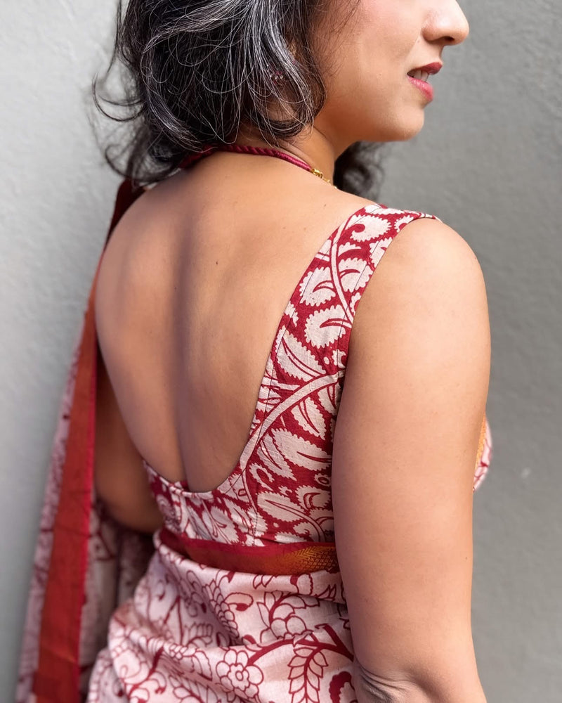 EE-X08571 Red Floral Kalamkari Sari