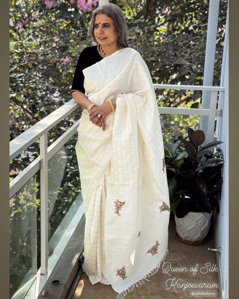 EE-W15462 Cream Kanjeevaram Saree