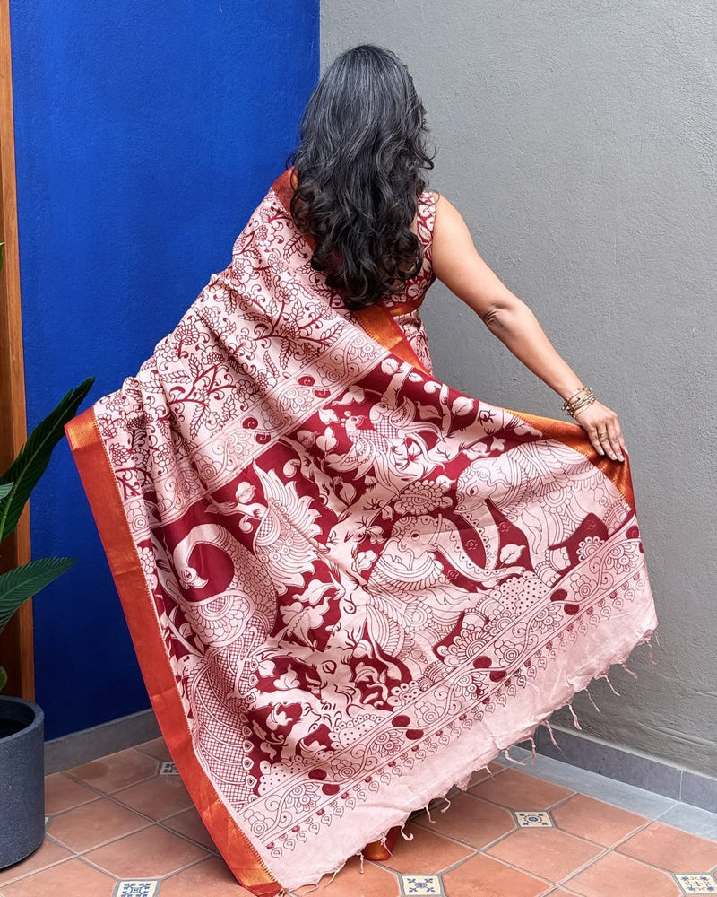 EE-X08571 Red Floral Kalamkari Sari