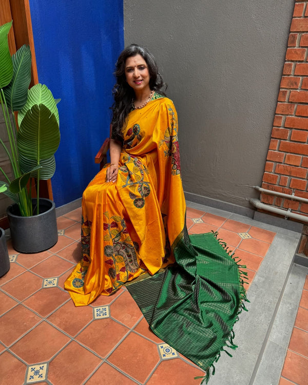 EE-X06654 Kalamkari Kanchi Yellow Sari