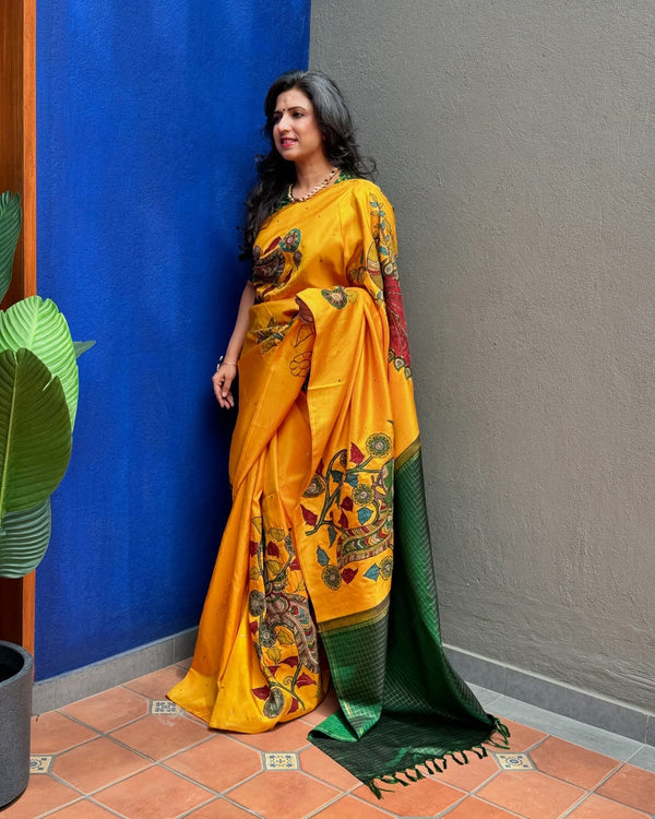 EE-X06654 Kalamkari Kanchi Yellow Sari