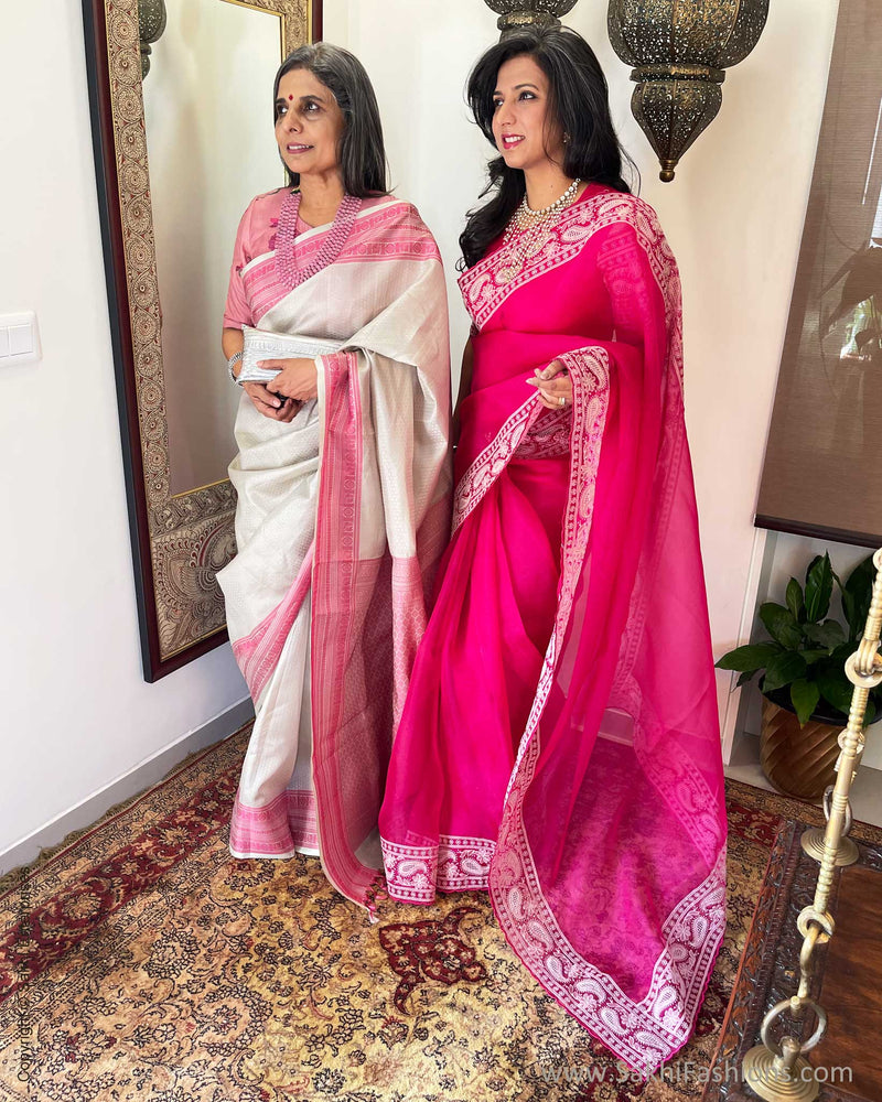 Organza Sarees : Baby pink floral printed organza saree