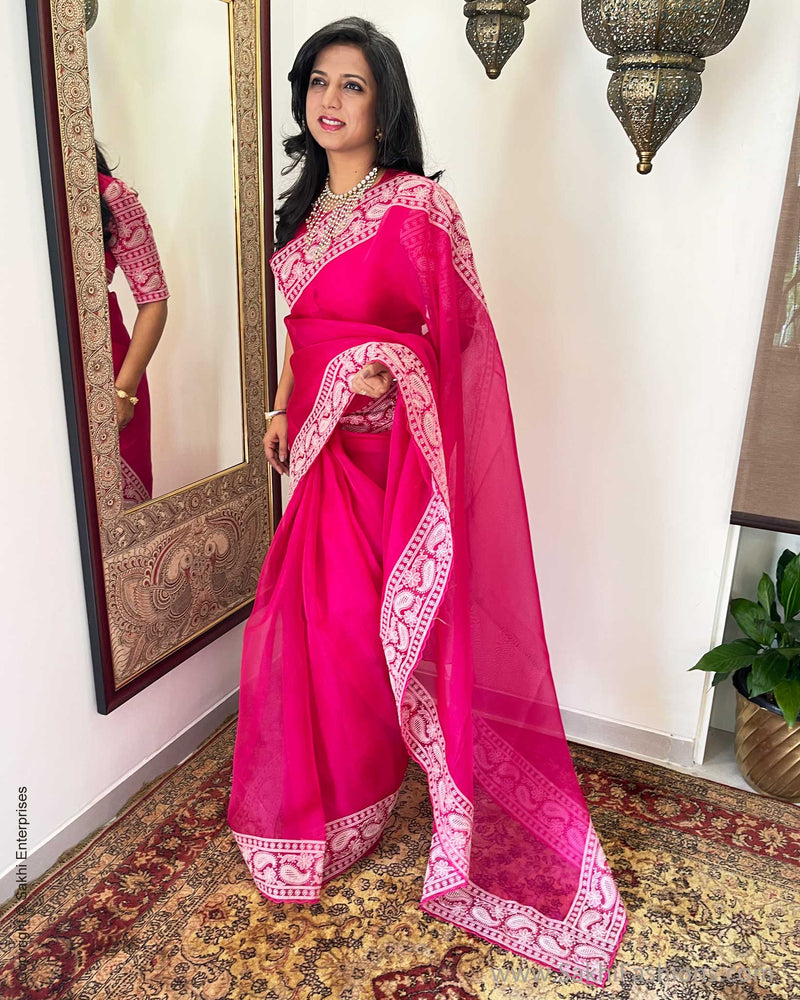 Buy Festival Wear Pink Weaving Shimmer Organza Saree Online From Surat  Wholesale Shop.