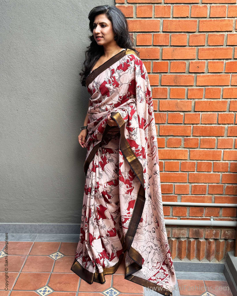 EE-X06754 Red Nandi Kalamkari Sari