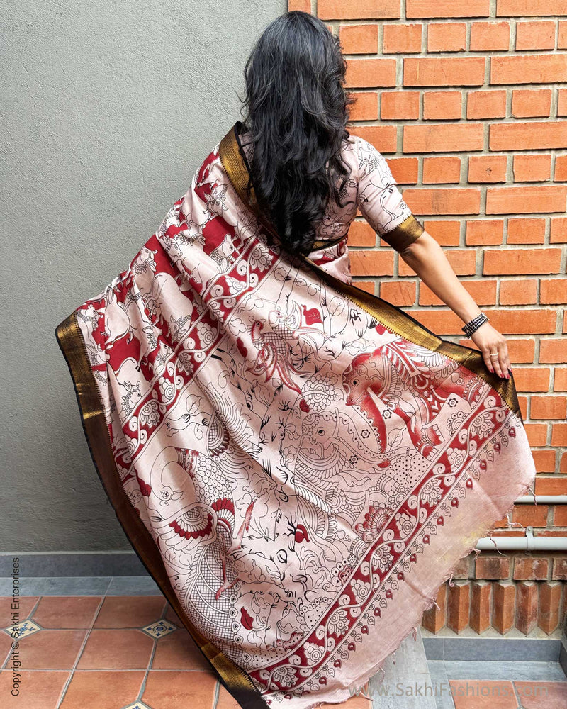 EE-X06754 Red Nandi Kalamkari Sari