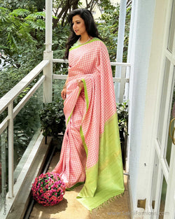 EE-X07489 Pink Houndstooth Kanchi Sari