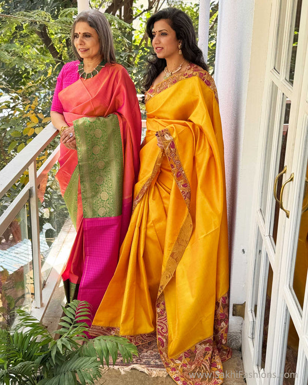 EE-X14575 Yellow Kalamkari Cutwork sari