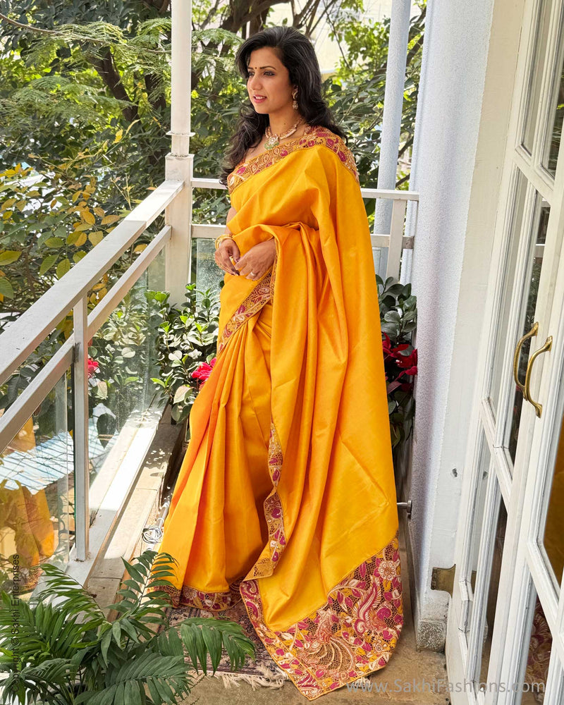 EE-X14575 Yellow Kalamkari Cutwork sari