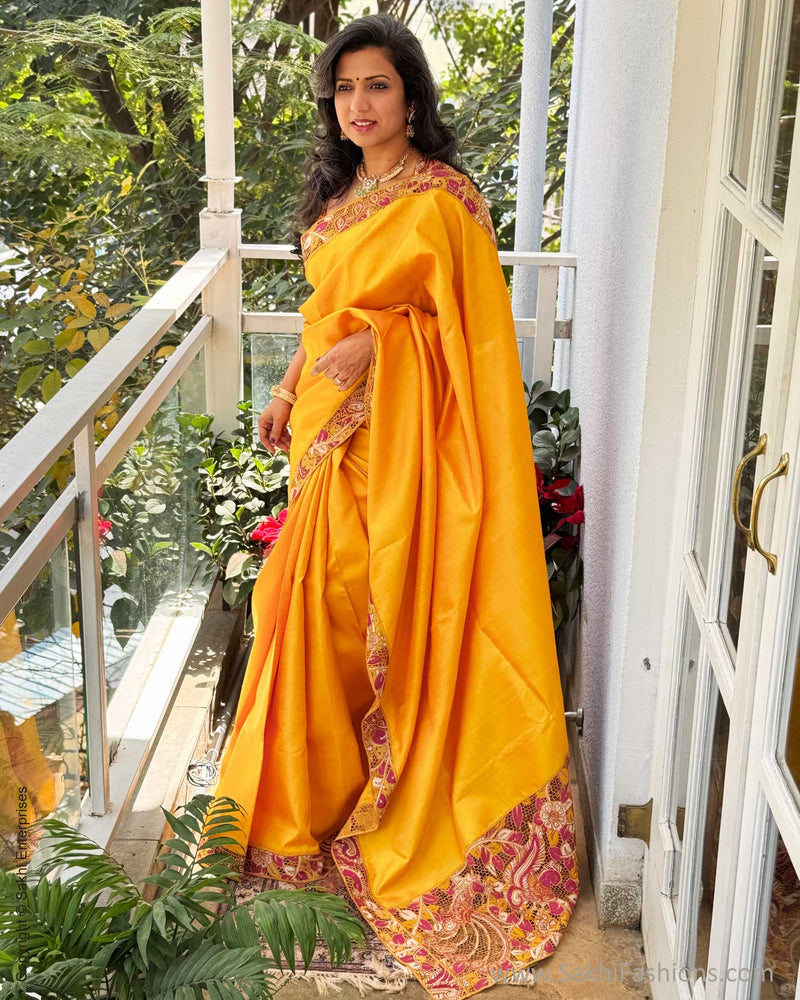 EE-X14575 Yellow Kalamkari Cutwork sari