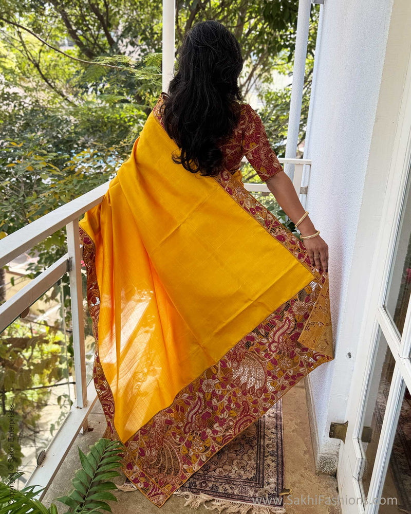 EE-X14575 Yellow Kalamkari Cutwork sari