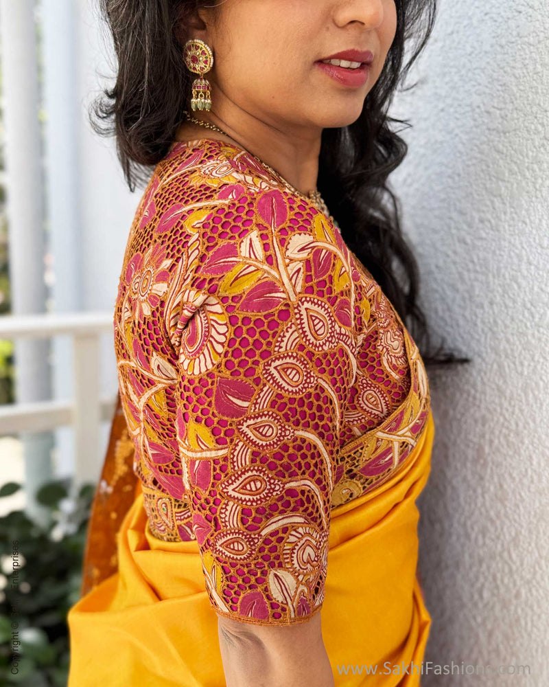 EE-X14575 Yellow Kalamkari Cutwork sari