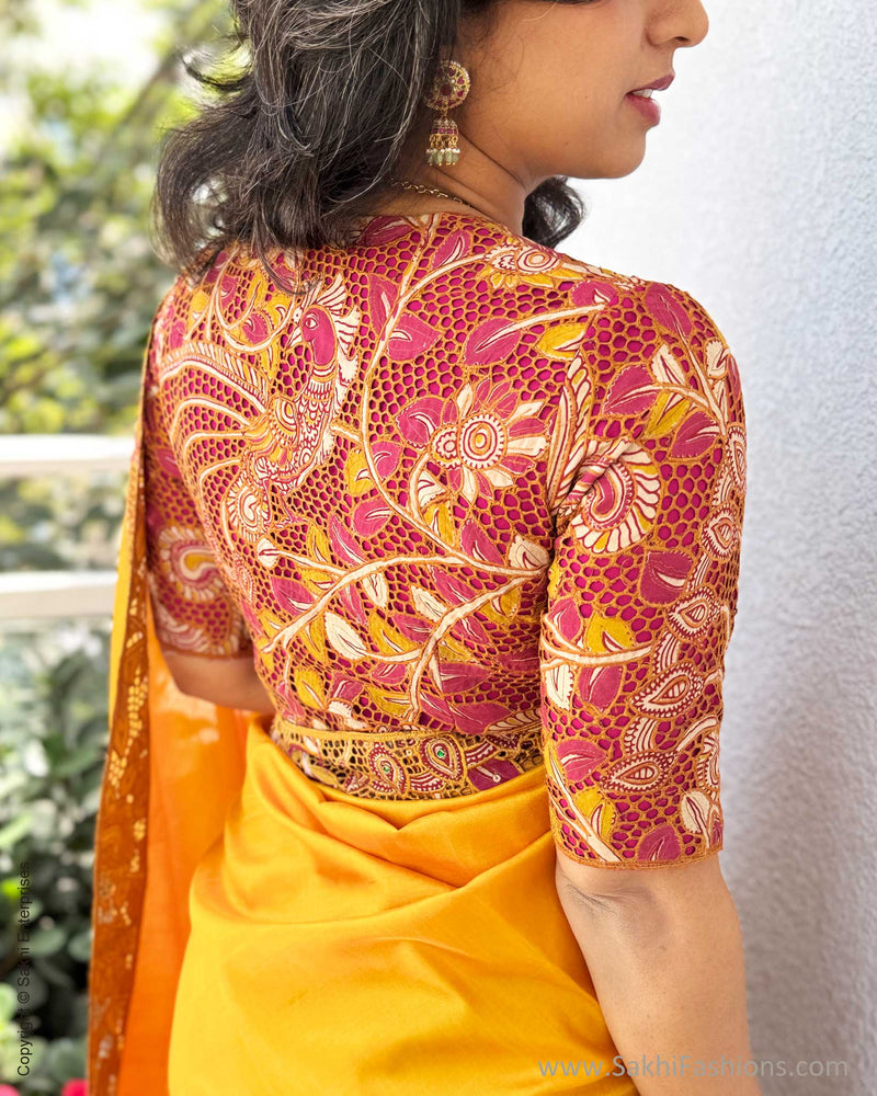 EE-X14575 Yellow Kalamkari Cutwork sari