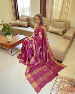 EE-V06851 Tussar Burgundy Saree