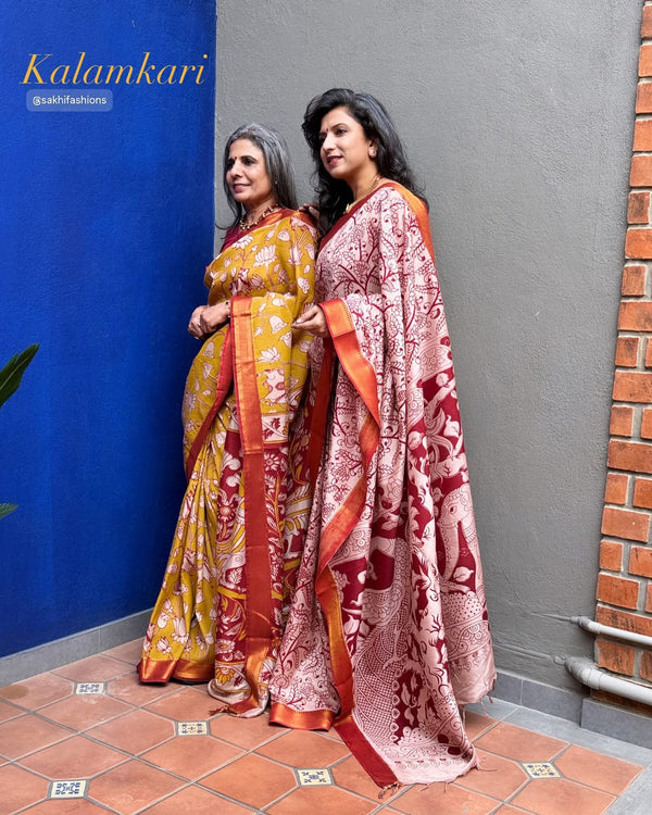 EE-X08572 Yellow Nandi Kalamkari Sari