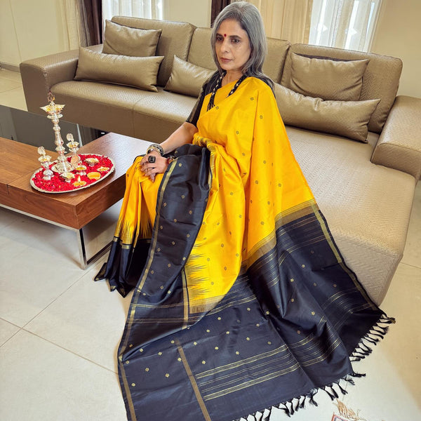 Mustard Yellow & Black Striped Handwoven Satin Silk Saree – Chinaya Banaras