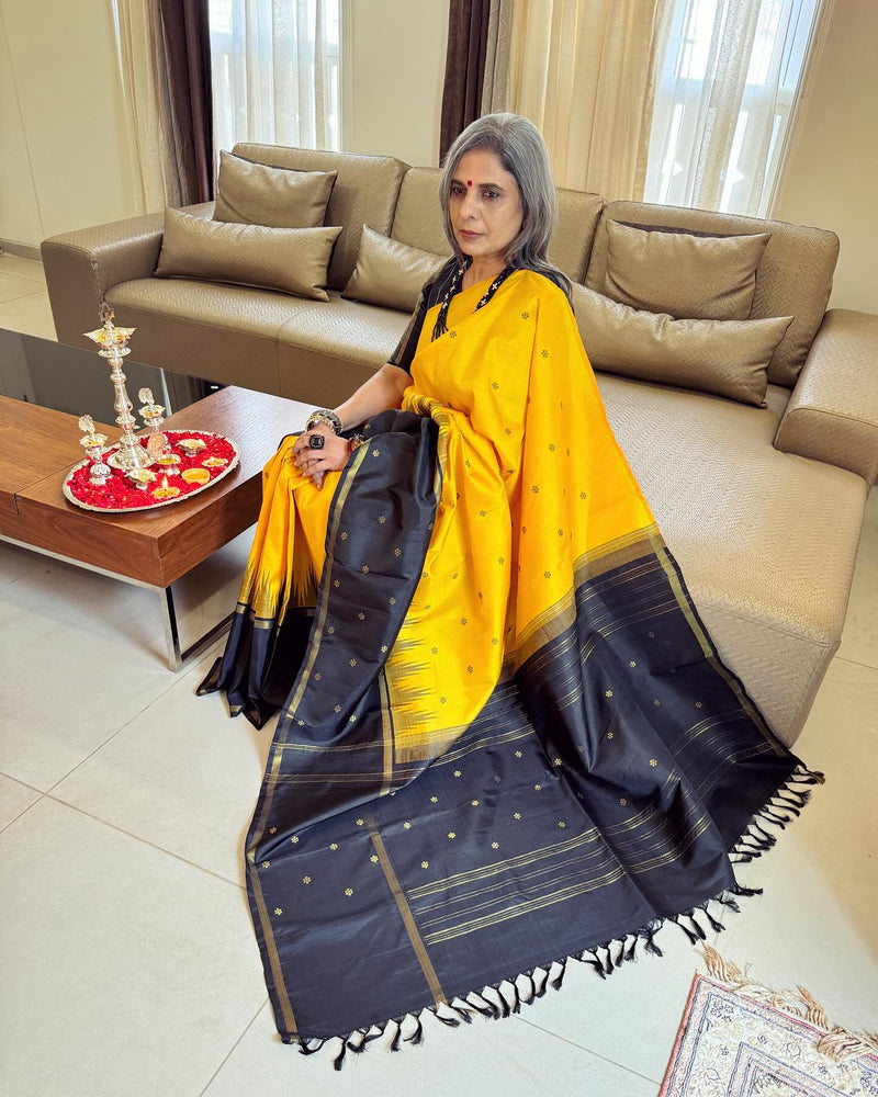 Goregous colorful combination of yellow and black saree patterns to buy  this summer - YouTube