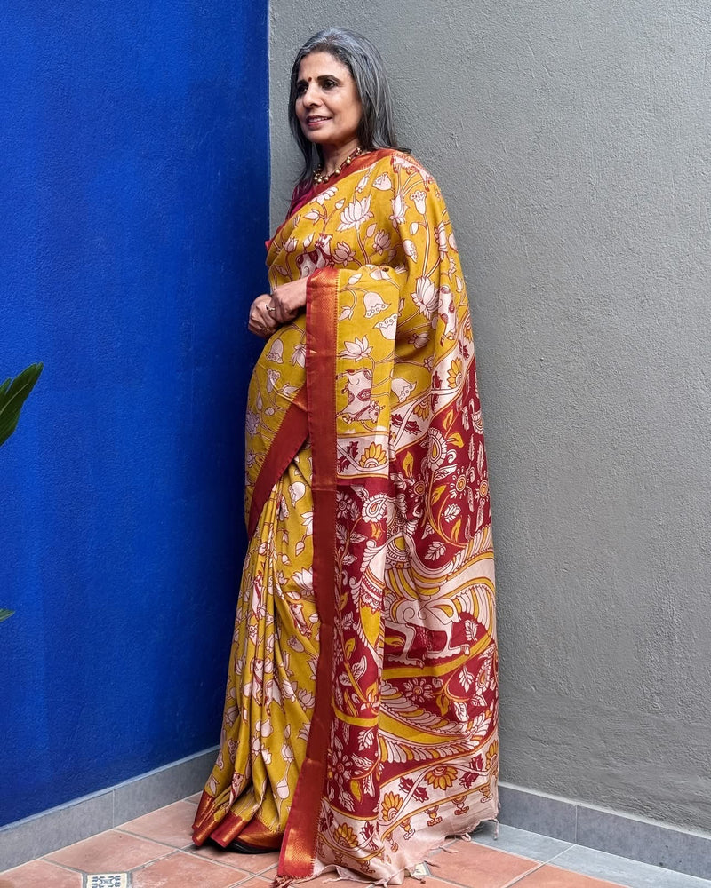 EE-X08572 Yellow Nandi Kalamkari Sari