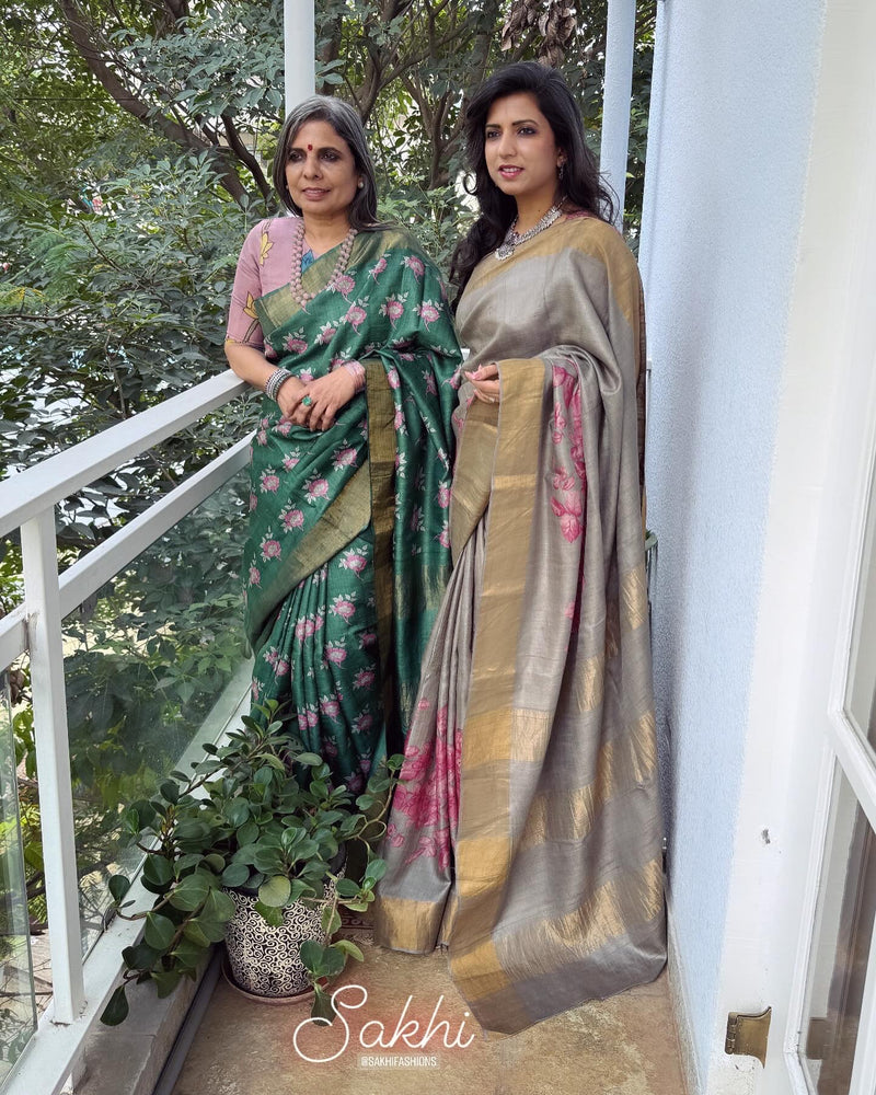 EE-V06831 Floral Green  Tussar Sari