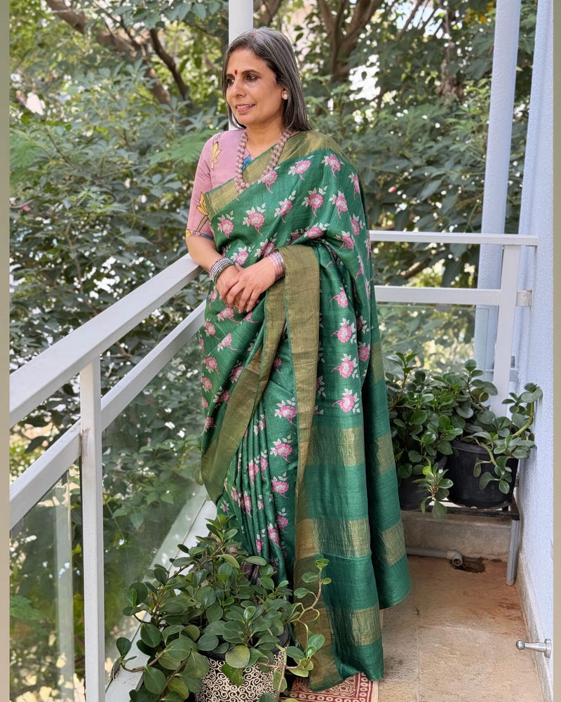 EE-V06831 Floral Green  Tussar Sari