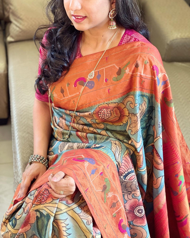Varkala Silk Sarees Women's Paithani Soft Silk Kadiyal double Pallu Saree  With Blouse Piece (V251A101-COPR_Bottle Green) : Amazon.in: Fashion