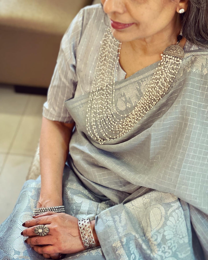 Oxidised necklace with baby pink and mint green stones – Prashanti Sarees