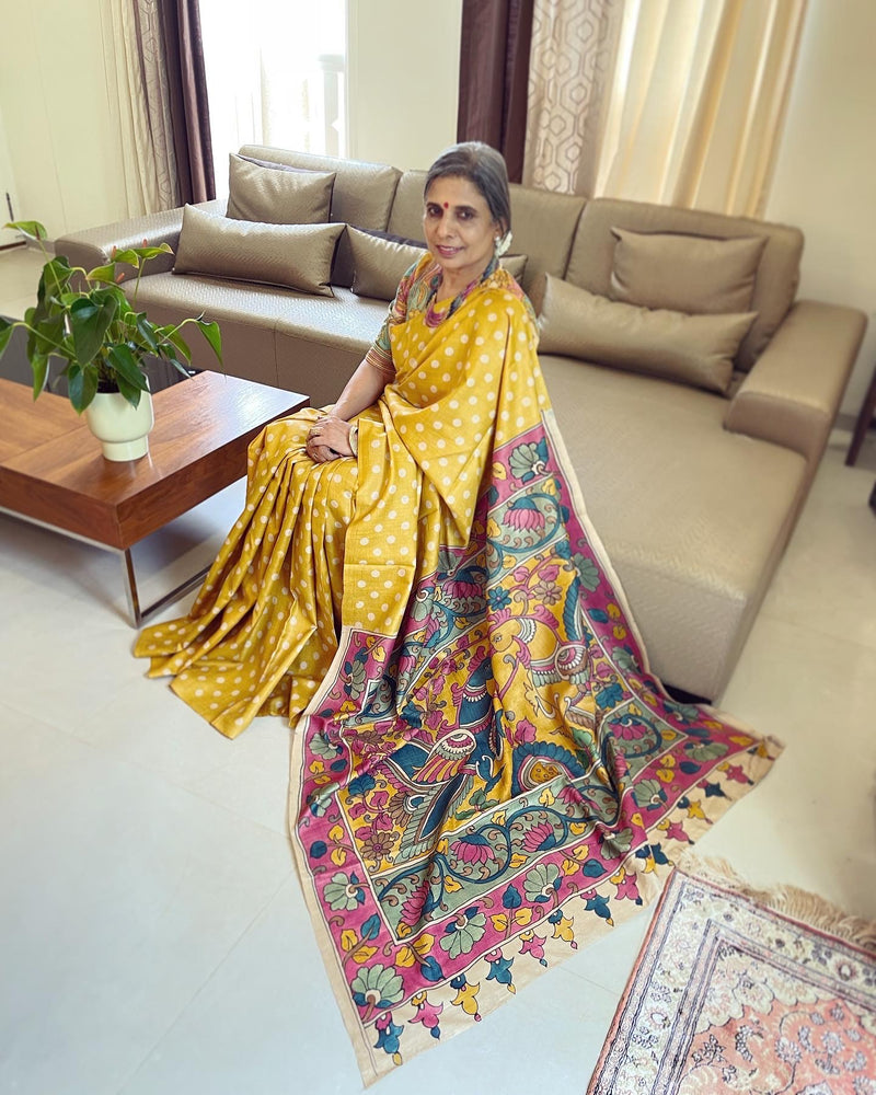 DP-X12777 Polka Kalamkari Tussar Sari