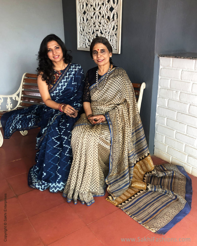 Indigo Print Saree Online: Indigo Cotton & Chanderi Silk Saree