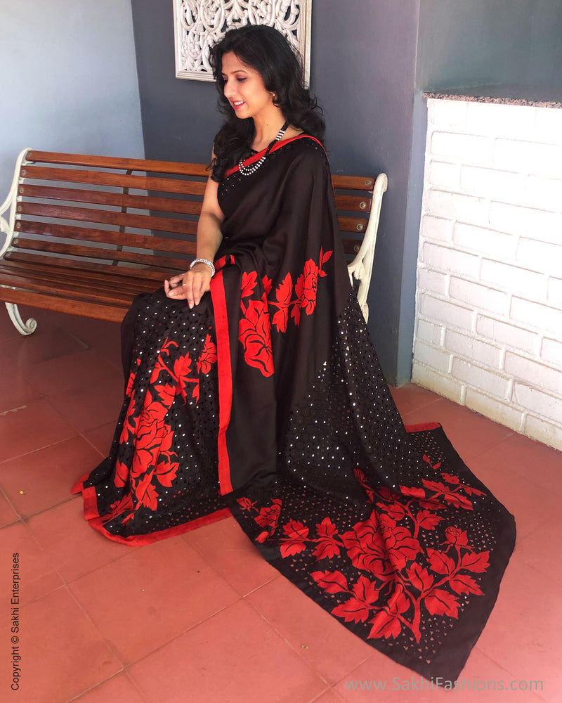 EE-S32150 Black Red Cutwork Saree