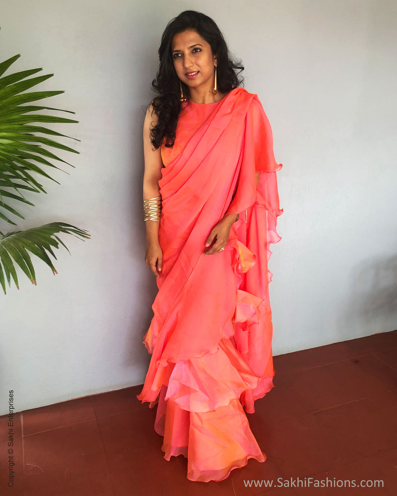 Dark Peach Lycra Wedding Saree | Ruffle saree, Saree designs, Indian ethnic  wear