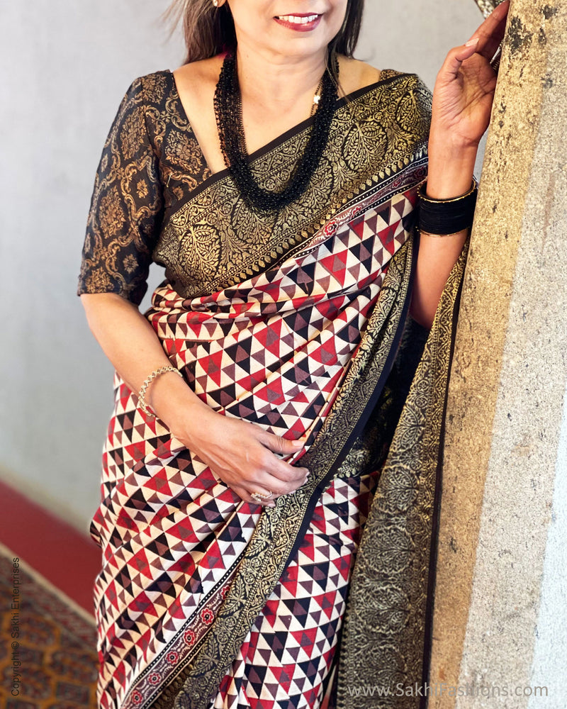 Zynah Pure Modal Silk Ajrakh Saree With Tissue Zari Pallu