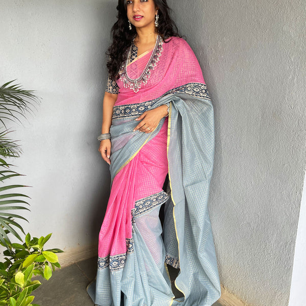 Silk Land Teal Green & Pink Woven Saree With Unstitched Blouse