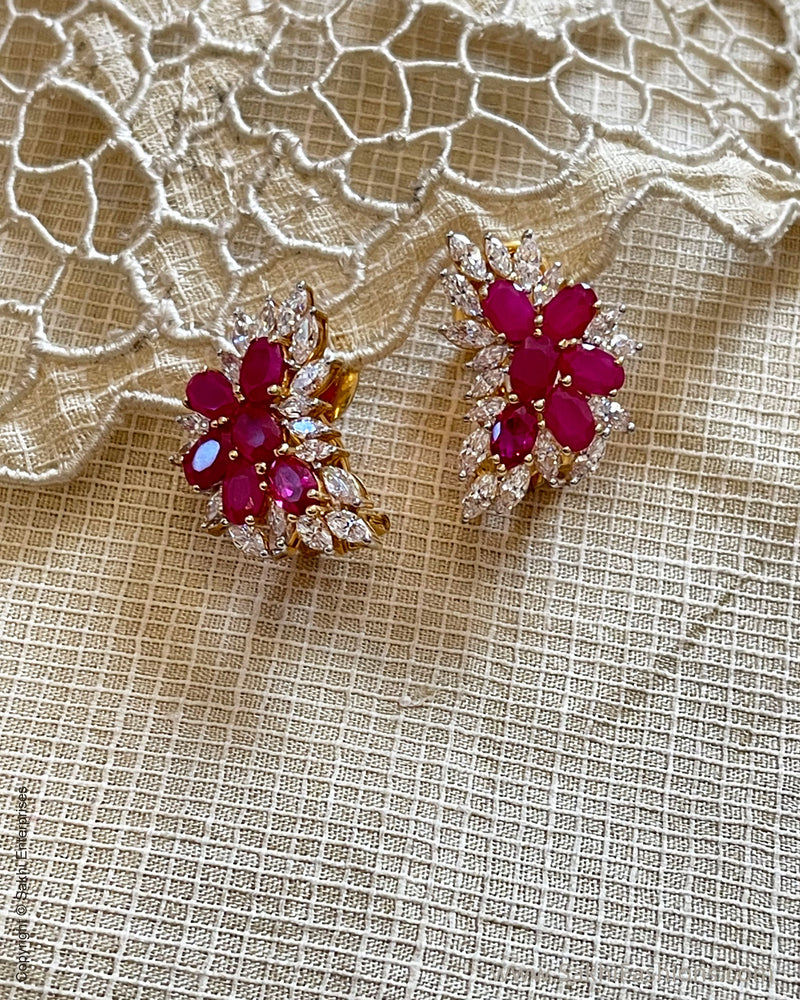 Ruby and Diamond Cluster Bezel Set Stud Earrings