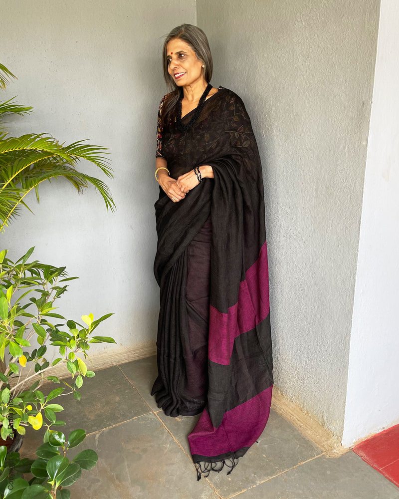 EE-S57137 Pure Linen Black Sari