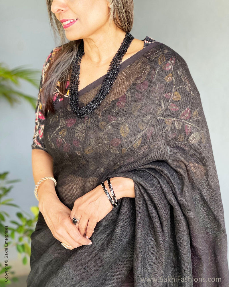 EE-S57137 Pure Linen Black Sari