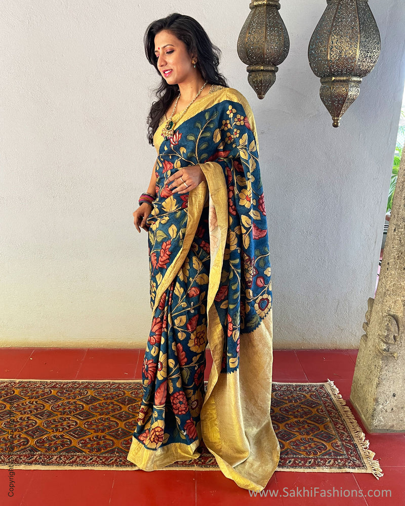 Yellow Pen Kalamkari Silk Saree