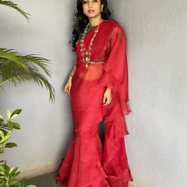 Red Indian cocktail Imported Ruffle Sari Pre Stitched 1 Minute Frill Saree  Mirror Blouse - FASHION BAZAR 365