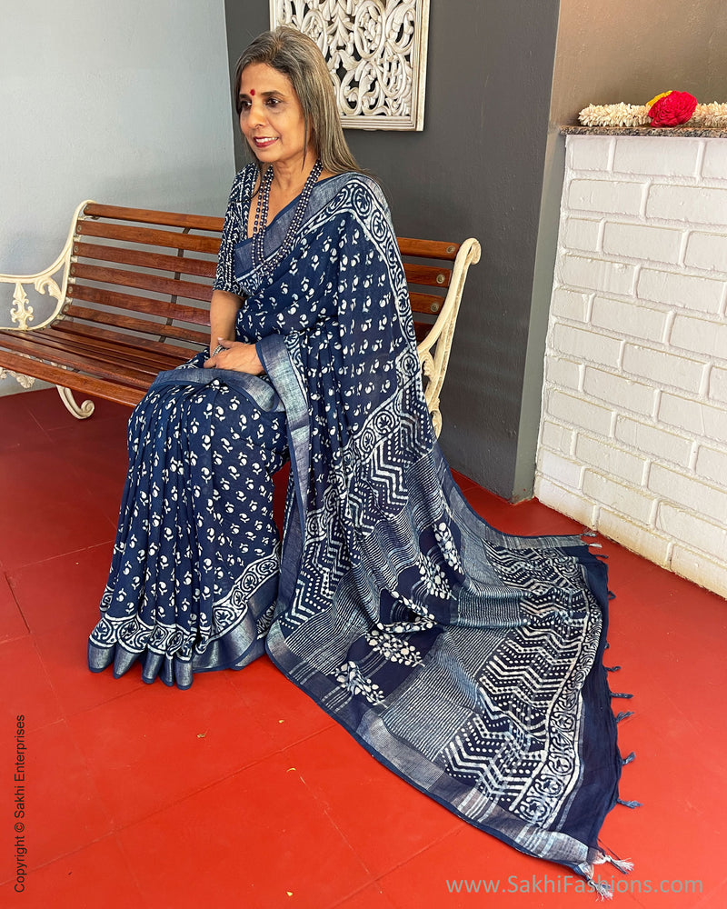 Indigo Blue Daabu Block Print Pure Cotton Saree – Jaipur Tex