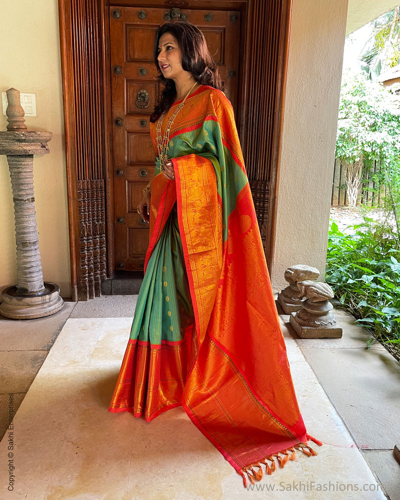 Olive Green And Red Ombre Pattern Digital Print Chanderi Saree With Za –  Fabcurate