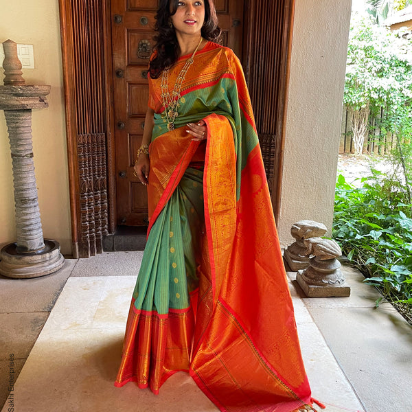 Red Brown Combination Of Tiger Orange & Dark Spring Green Kanchipuram Silk  Sarees