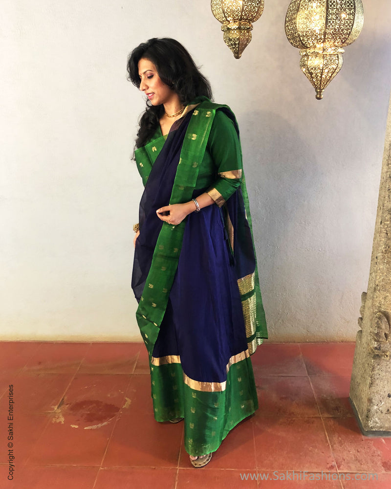 Dazzling Dark Blue Silk Saree with Dark Green Blouse