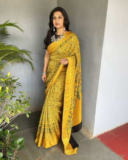 EE-V00049 Yellow Ajrakh Saree