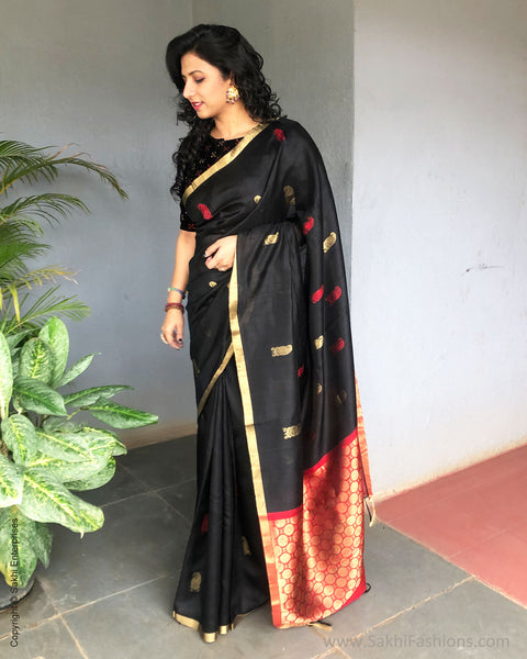 EE-S18175 - Black pure Dupion Silk Saree – sakhifashions