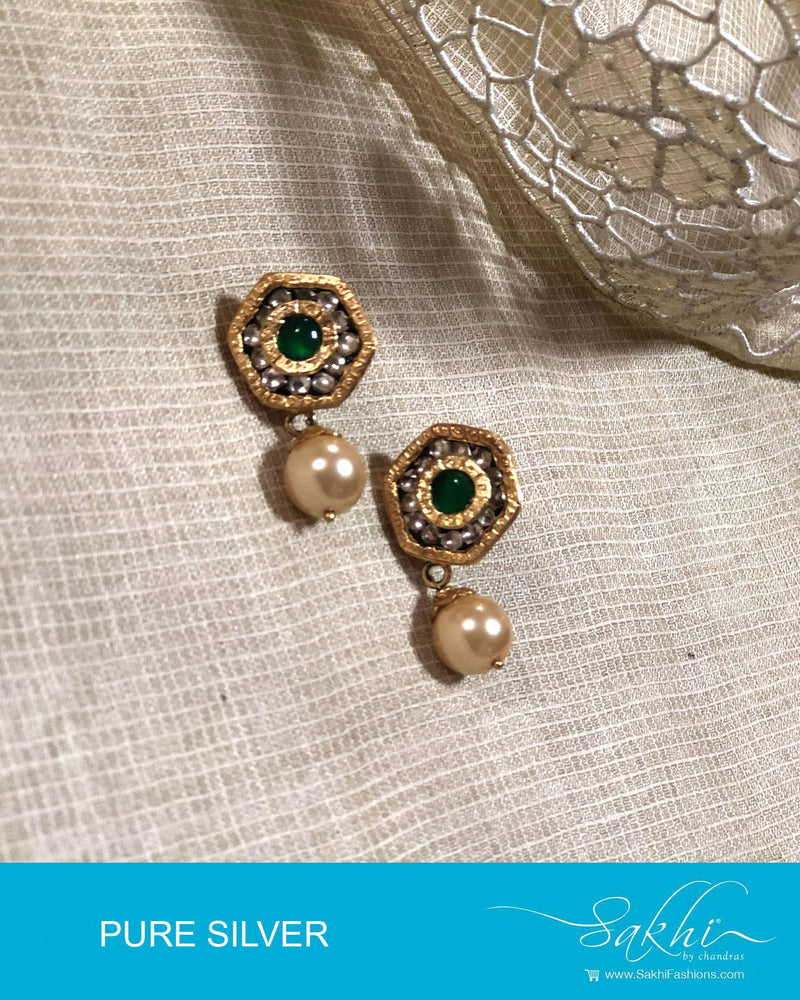 ASDR-2058 - Gold & Green Pure Silver Earrings