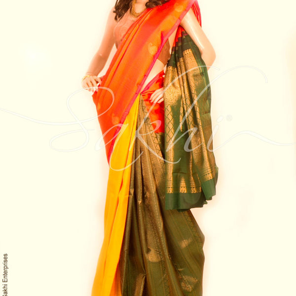 Soft Silk Borderless Saree Orange and Green Combination