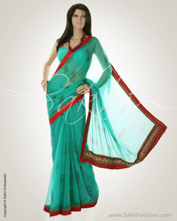 GC-0014 Green & Red Faux Chiffon Saree