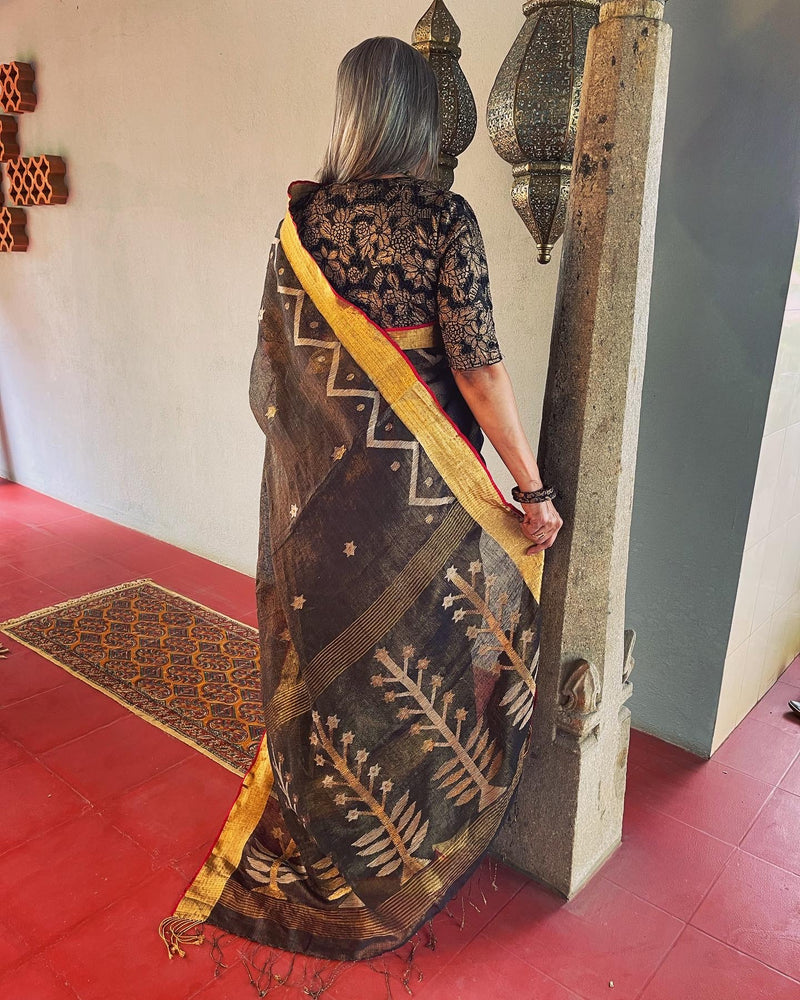 EE-V12734 Black Tissue Linen Saree