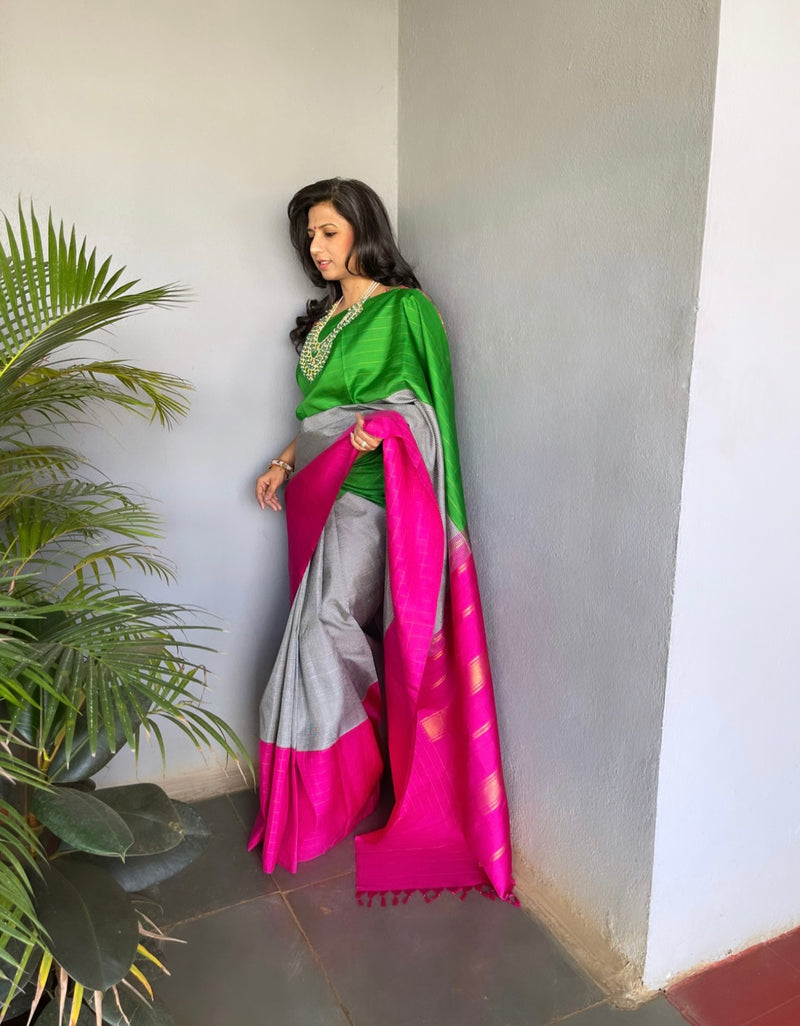 Cream Color Kanchipuram Saree With Ganga Jamuna Borders | ES131