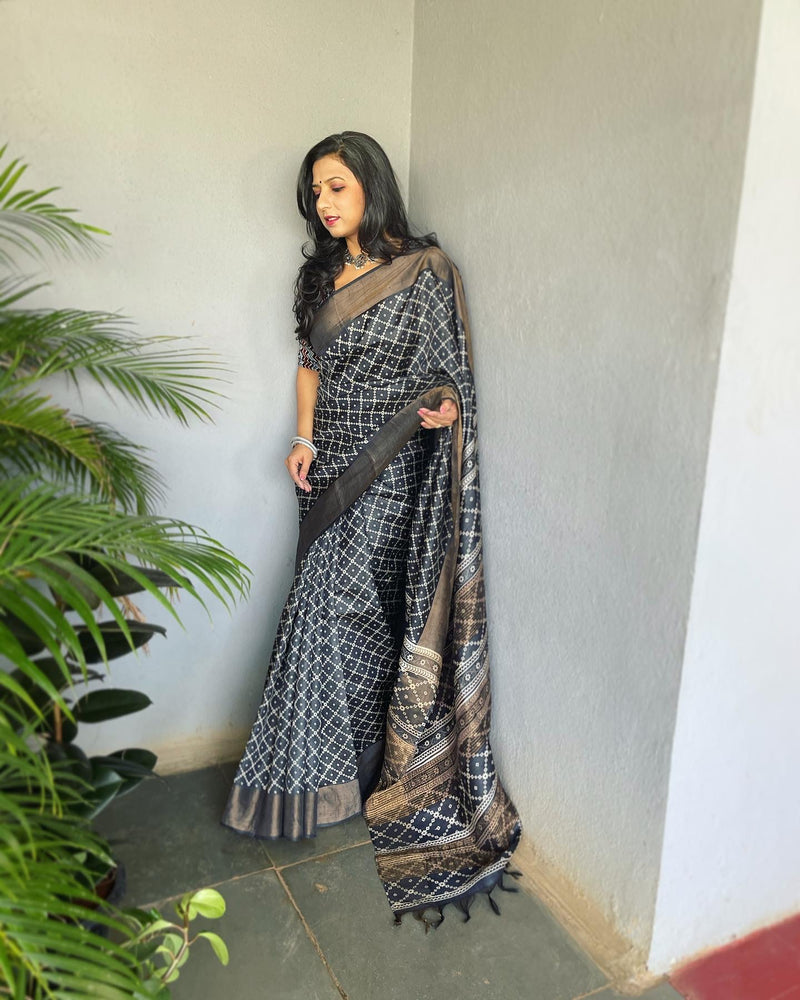 Black Tussar Silk Zari woven Saree