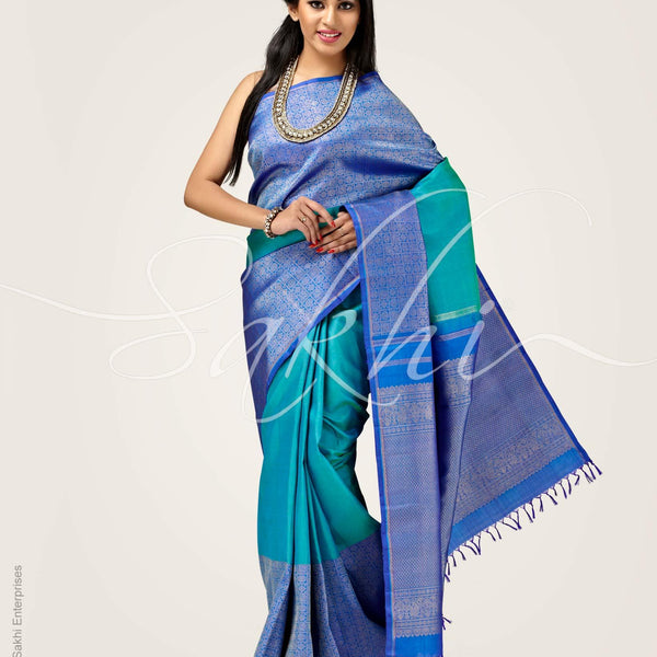 Peacock Blue Color Traditional Kanchipuram Sarees with Butta Weave Pat